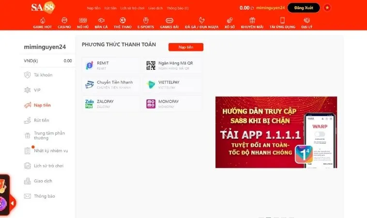 Giao diện nạp tiền SA88